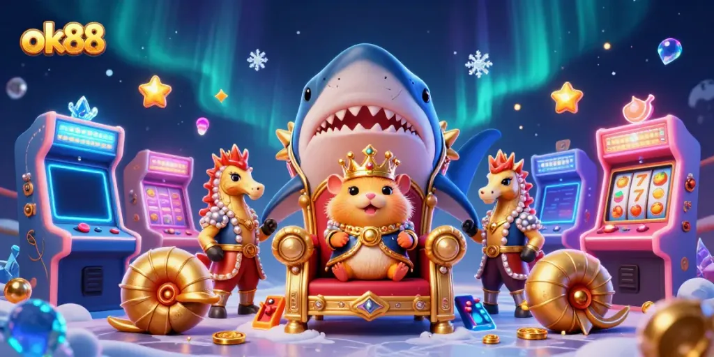 Engage with ok88's vibrant online casino world featuring a golden hamster king throne.