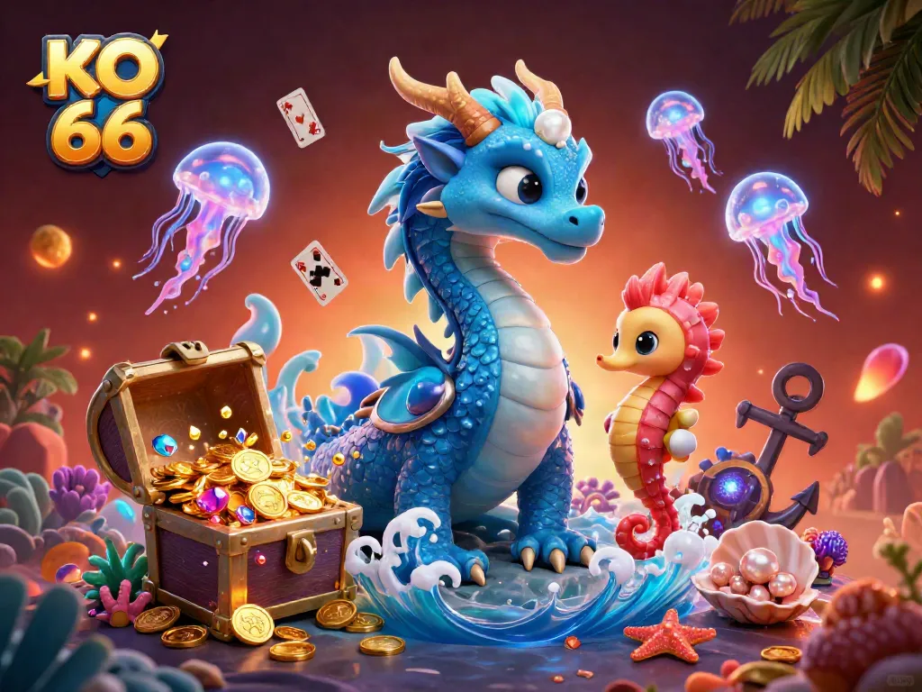 Game scene featuring KO 66 with a water dragon, seahorse knight, and treasure against a vivid backdrop.