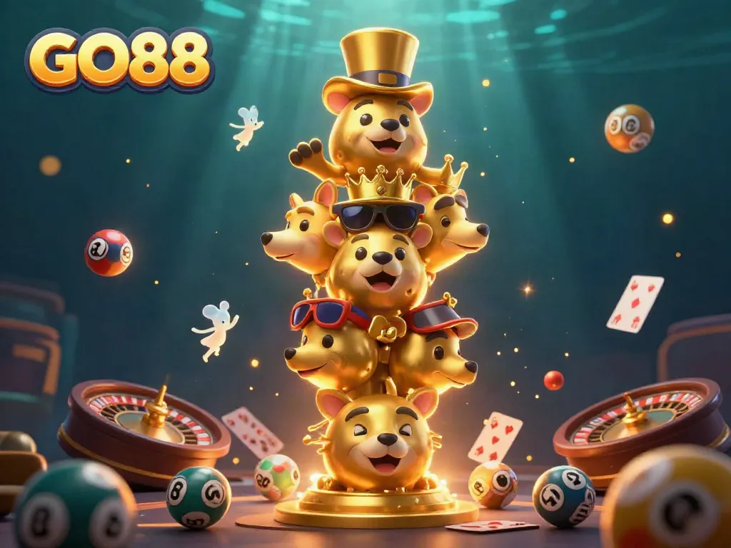 Engage with GO88's thrilling casino adventure featuring a vibrant 3D totem and gaming elements.