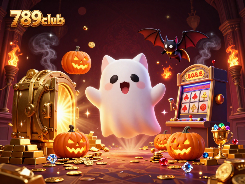 Engage with the 789club atmosphere as a friendly ghost cat and bat explore a vibrant casino.