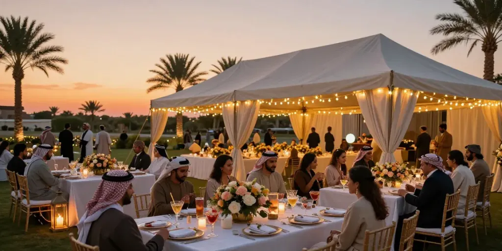 Event rental ksa outdoor setup with elegant tents, fine dining, and sunset atmosphere