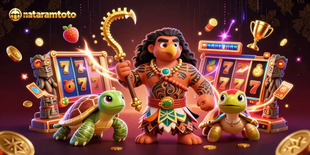 Experience the thrill of winning at mataramtoto with a vibrant slot gaming scene featuring Maui-style characters.