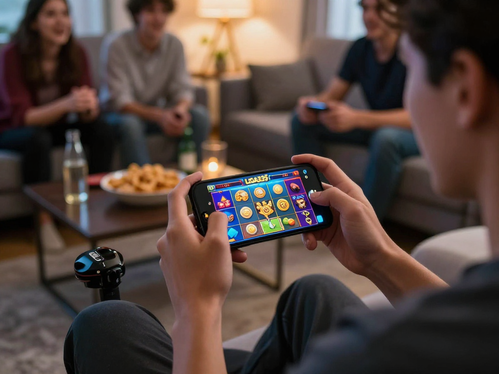 Pengguna bermain game slot LIGA335 di smartphone, dengan suasana ceria bersama teman-teman.