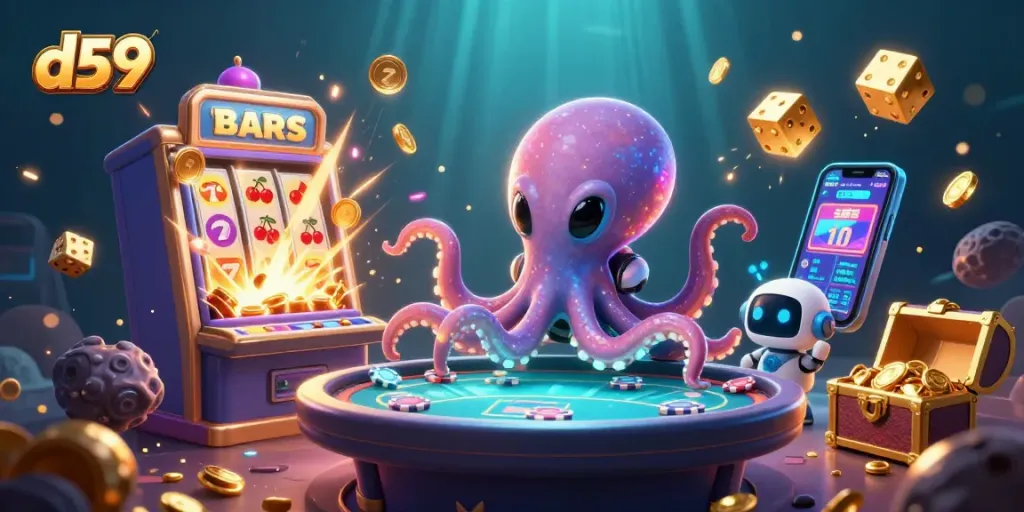 D59 features a dazzling alien octopus at a poker table, showcasing vibrant casino elements around.