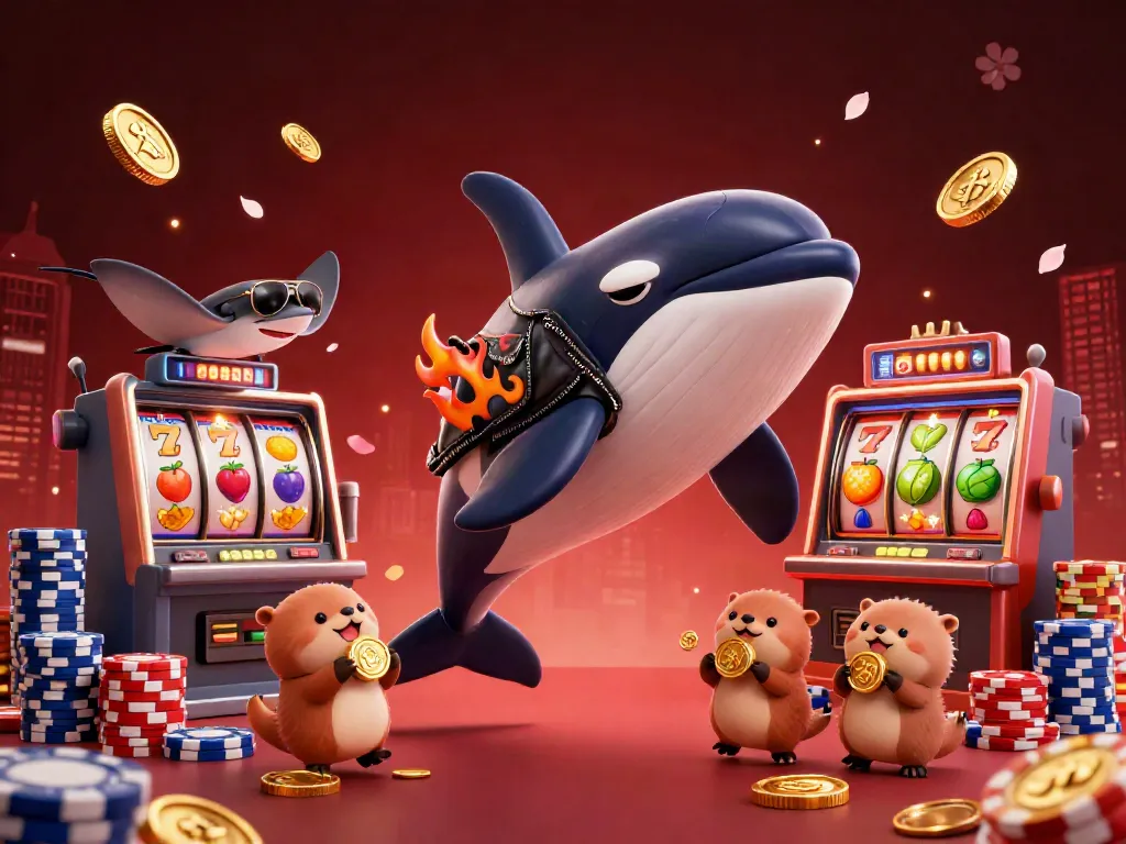 Experience vibrant สล็อต excitement with animated orca, stingray, and otters around slot machines.