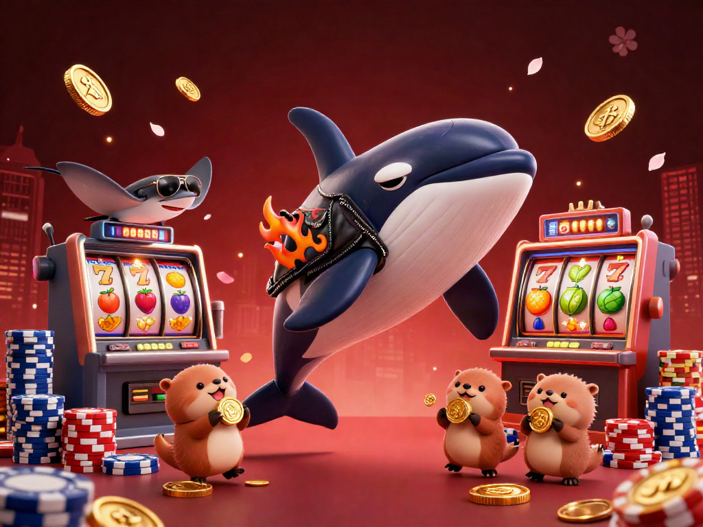 Experience vibrant สล็อต excitement with animated orca, stingray, and otters around slot machines.