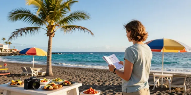 Tenerife travel shop guidebook held by traveler at a scenic beach
