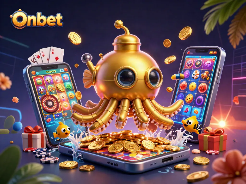 Onbet captures casino excitement with a kraken submarine and vibrant slot games.