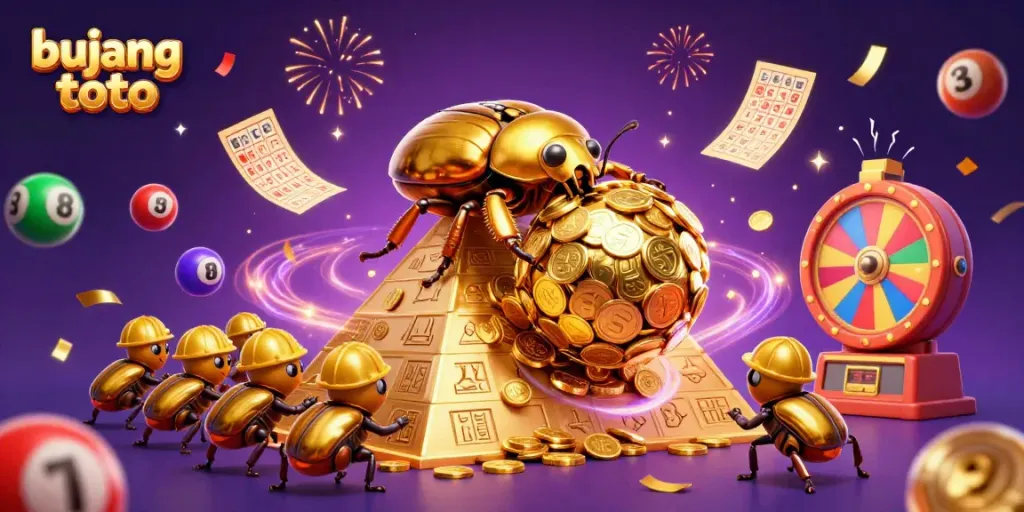 Engage with bujang toto's vibrant online casino world featuring festive symbols, golden prizes, and lucky lottery balls.