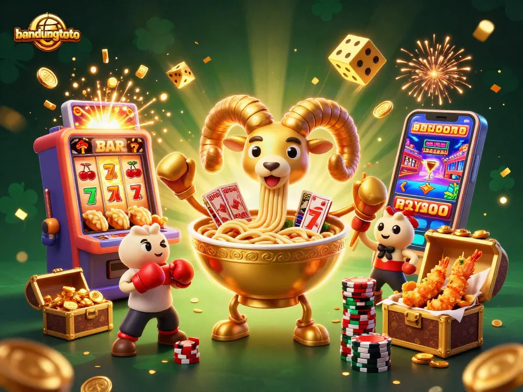 Join the fun at bandungtoto with a vibrant illustration of colorful casino elements filling the dynamic scene.