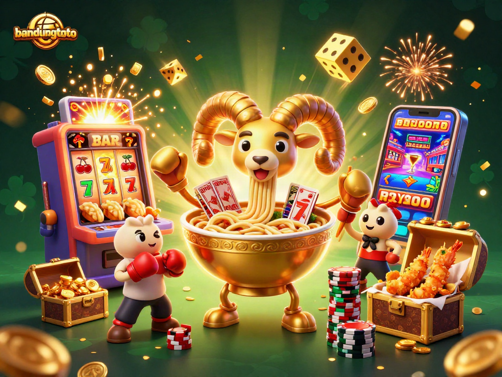 Join the fun at bandungtoto with a vibrant illustration of colorful casino elements filling the dynamic scene.