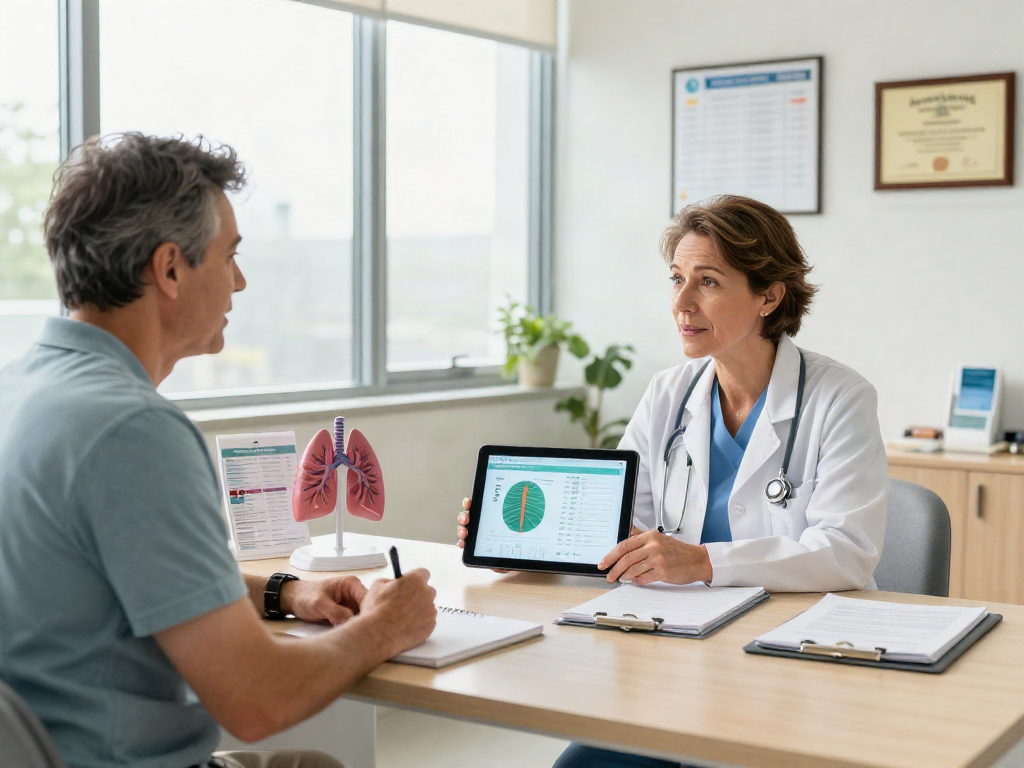 Lung cancer treatment in Abu Dhabi: Oncologist discussing personalized care options with patient in a bright consultation room.