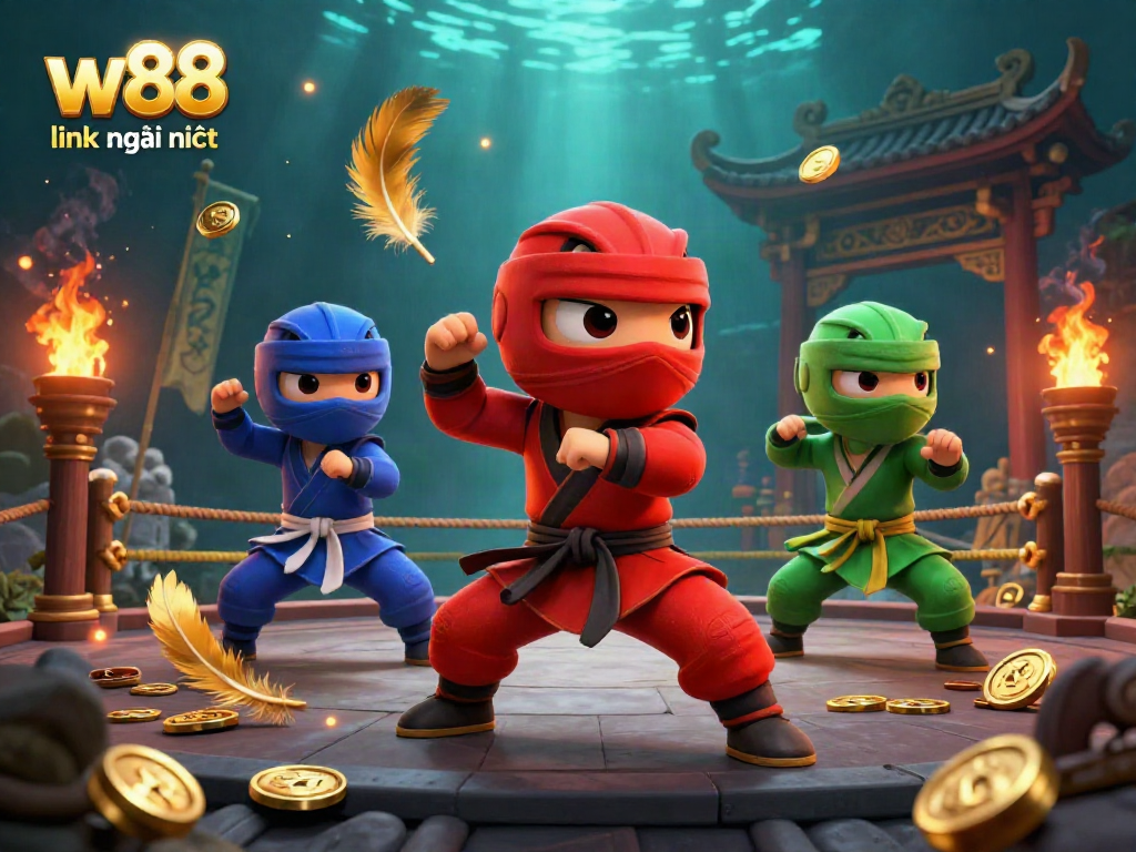 Engaging 3D illustration of ninja chameleons showcasing w88 link mới nhất in a vibrant casino-themed scene.
