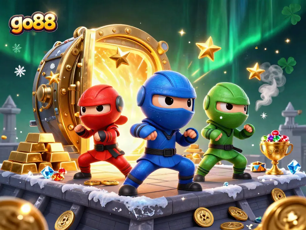 Enhance your go88 experience with an action-packed illustration of chameleon ninjas amidst treasure.