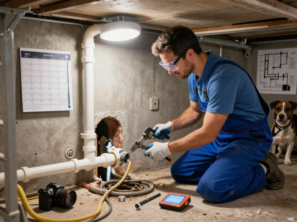 Expert plumber inspecting sewer line service Fort Worth in a home basement.