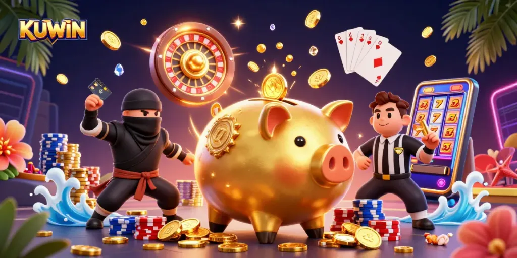 KUWIN players compete with golden coins in an exciting casino illustration featuring a sumo wrestler.