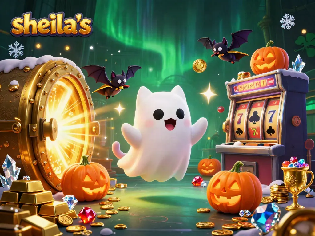 Play with sheila's vibrant casino scene featuring a friendly ghost cat and sparkling treasures.