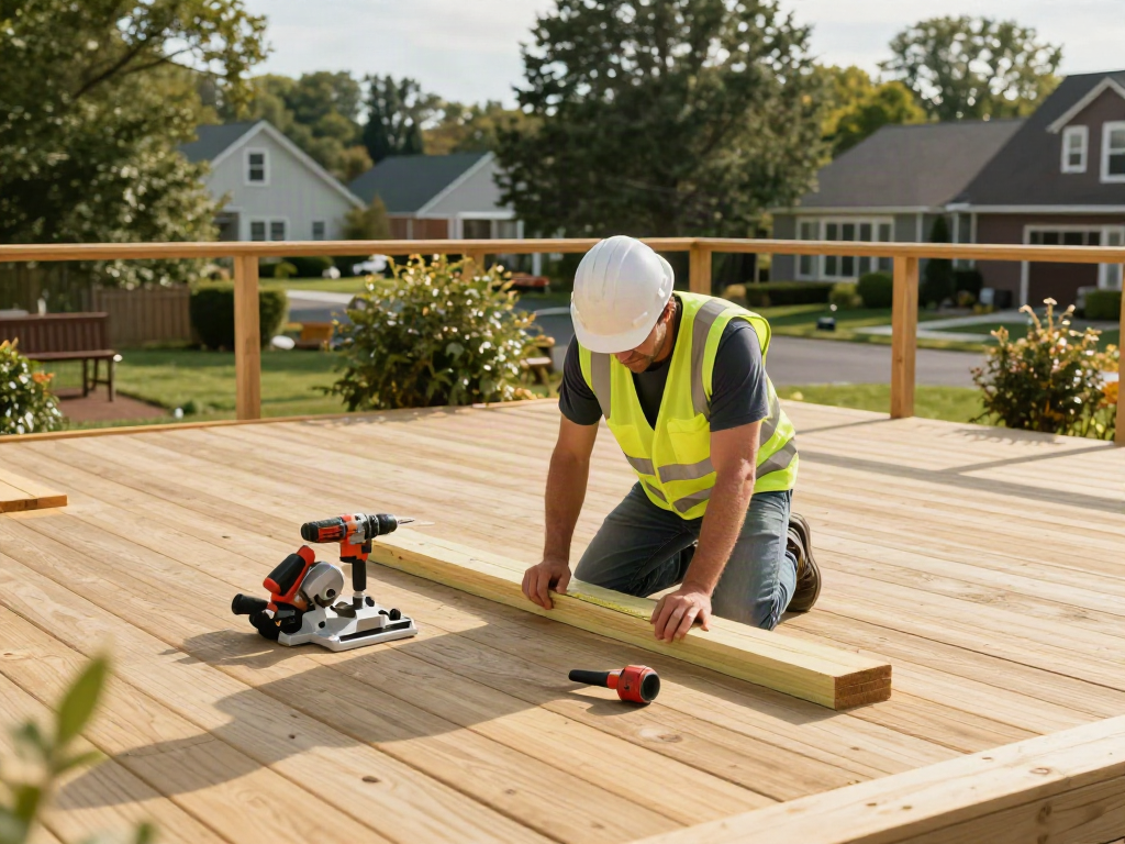 Deck Builders Eastwood working on a beautiful outdoor deck construction project, highlighting craftsmanship and tools.