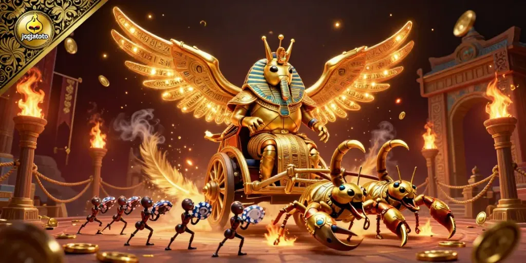 Experience the thrilling action of jogjatoto with a golden scarab beetle in a vibrant casino scene.