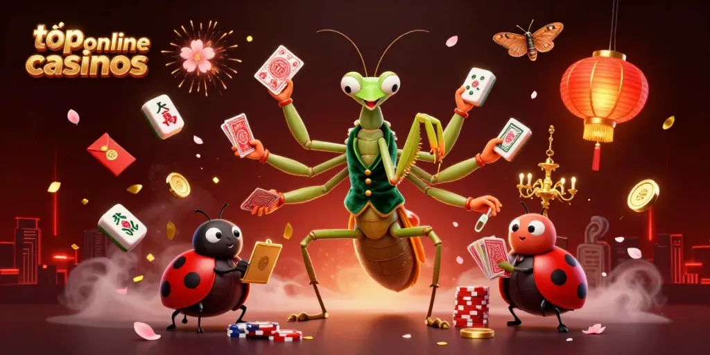 Engaging scene showcasing top online casinos with a giant praying mantis card sharp and vibrant casino elements.