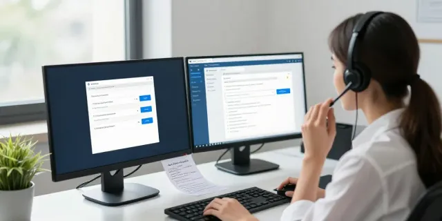 Customer service representative providing Hotmail technical support in a modern office.