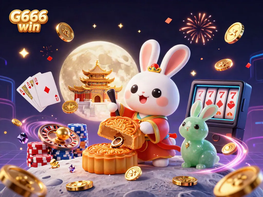 Experience the excitement of G666 win with a rabbit-themed casino illustration showcasing lunar games and fortune.