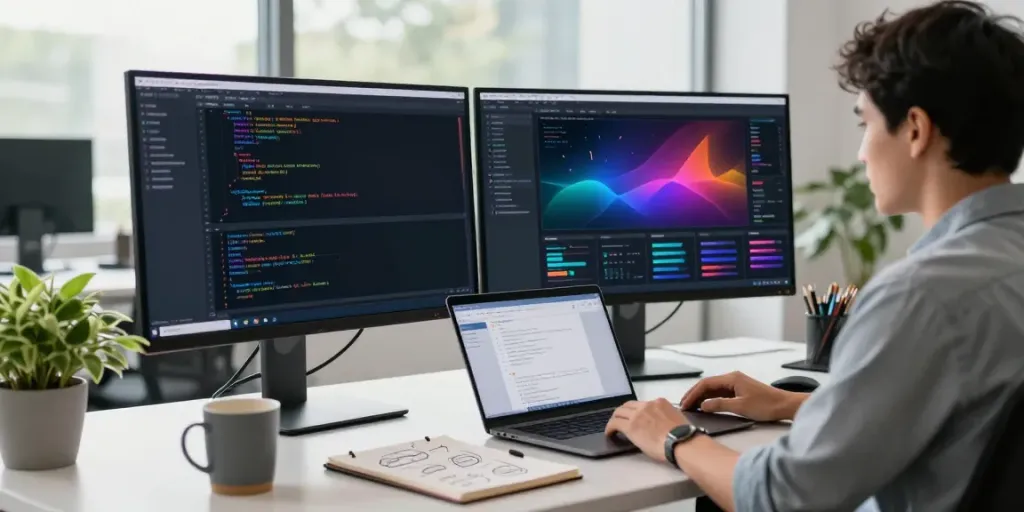 Dynamic workspace featuring devops tools displayed on dual monitors and collaborative tools in a modern office.
