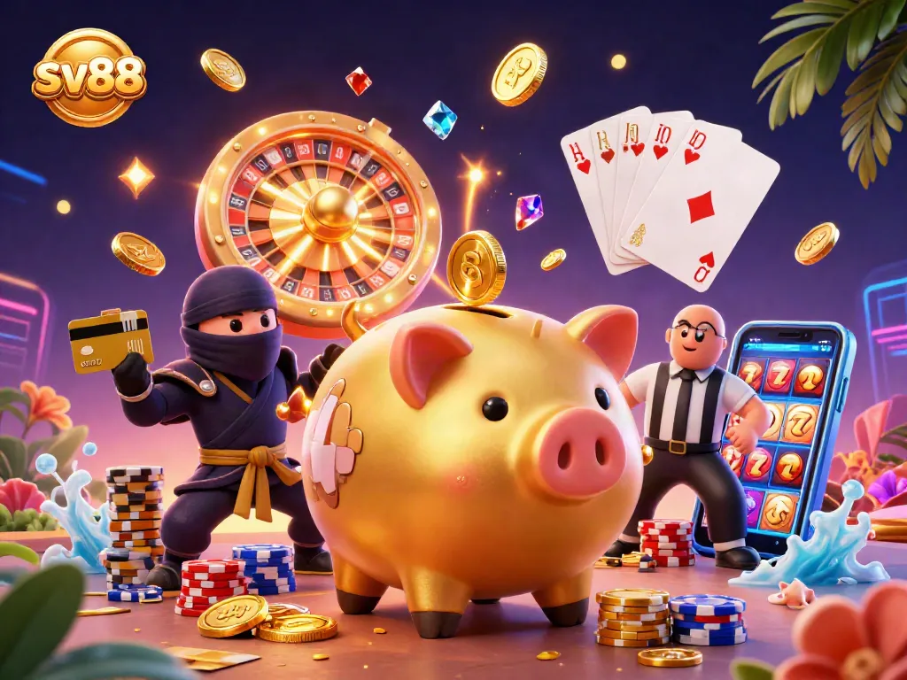 sv88 showcases a vibrant gambling scene featuring a sumo wrestler, ninja, and referee surrounded by riches.