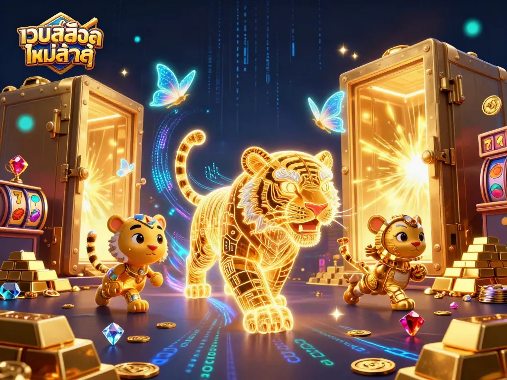 ภาพกราฟิก 3 มิติที่แสดงการเดินเล่นของเสือทองคำในเว็บสล็อตใหม่ล่าสุดกับเกมสล็อตที่สวยงาม