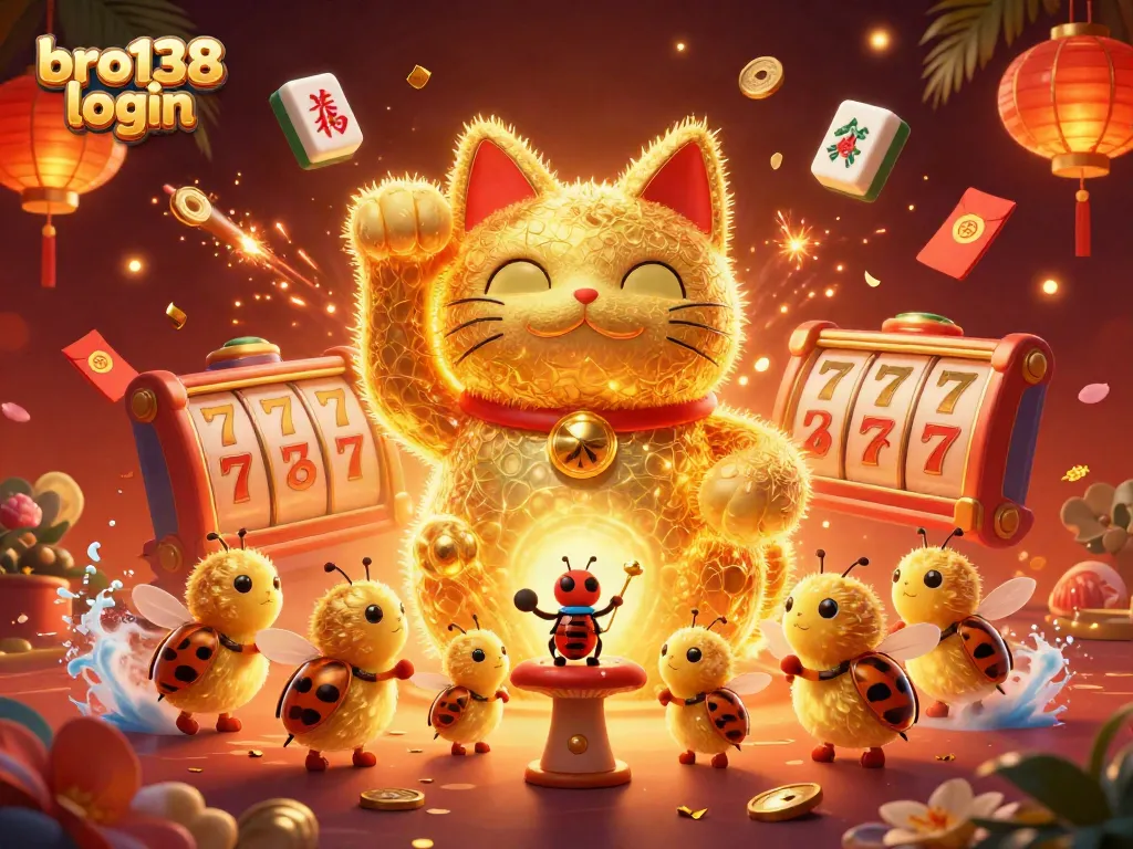 Experience bro138 login like never before with the vibrant, animated lucky cat and casino symbols.