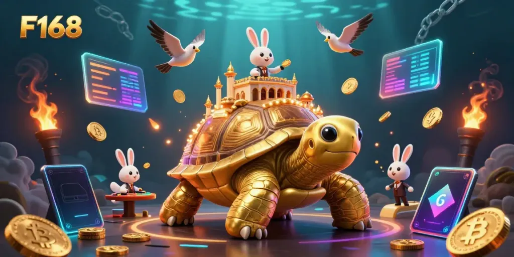 Experience exciting gameplay at F168 with a giant tortoise casino and vibrant digital elements.
