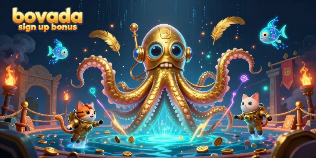 Experience the Bovada sign up bonus with a thrilling 3D kraken and diving cat in a vibrant casino scene.