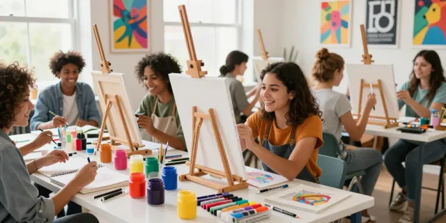 Group of artists showcasing markers wholesale in a colorful workshop setting.