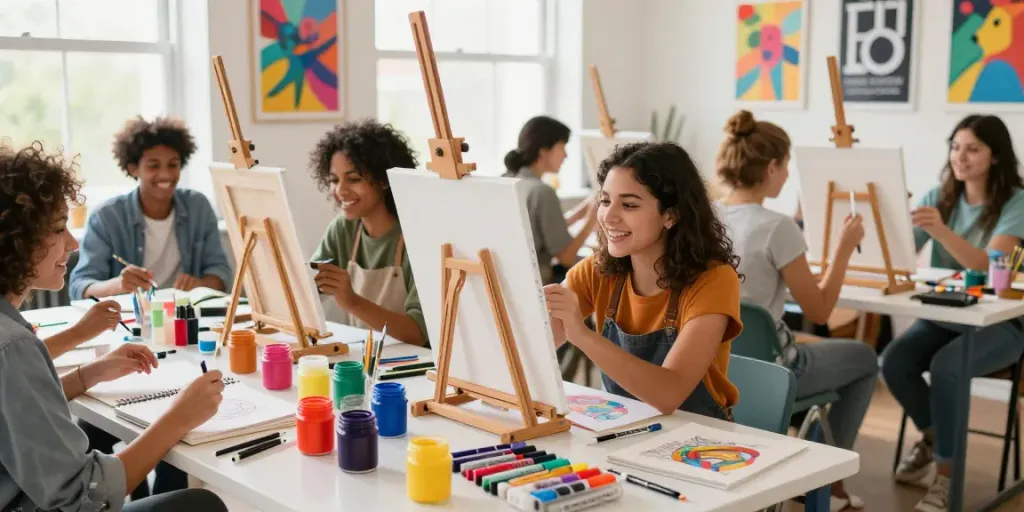 Group of artists showcasing markers wholesale in a colorful workshop setting.