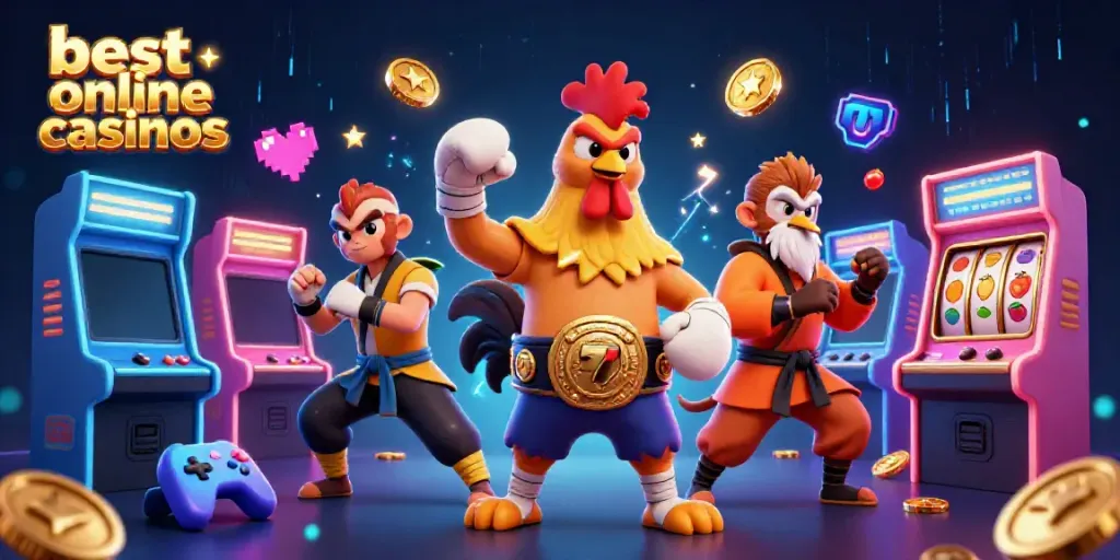 Experience the best online casinos with vibrant characters and casino gaming elements.