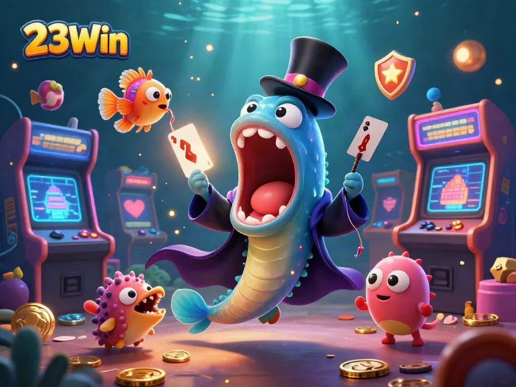 Engage with 23Win's vibrant casino scene featuring animated characters and gaming elements.