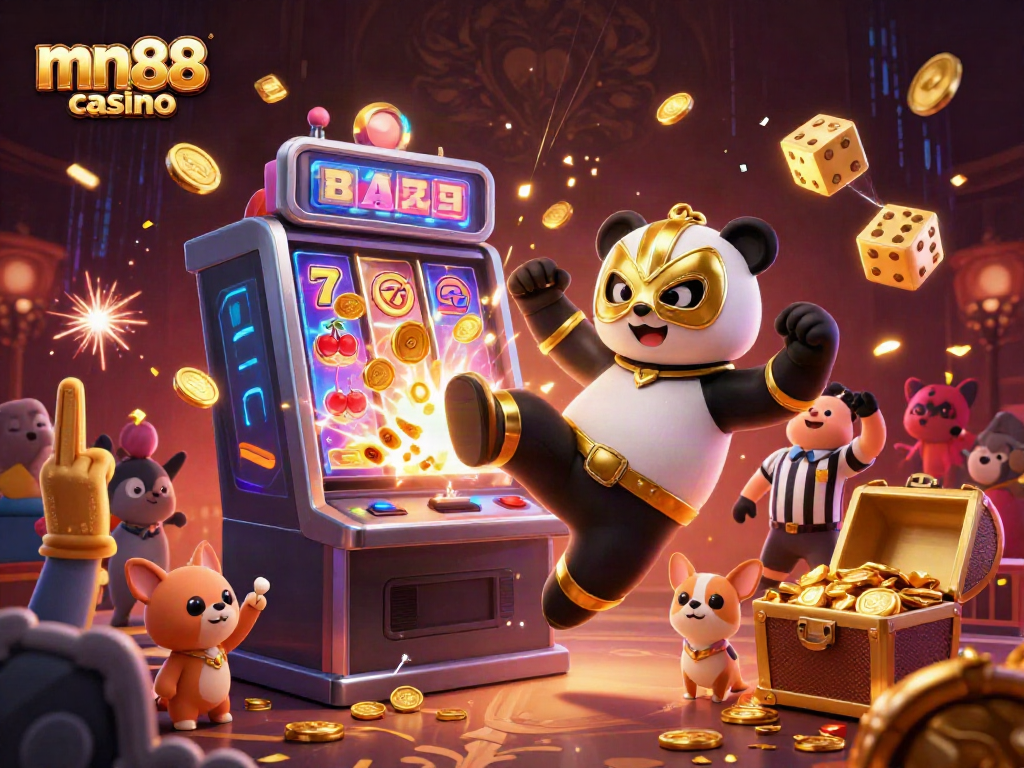 Experience the excitement of mn88 casino with a panda wrestler and chihuahua referee in a vibrant scene filled with casino elements.