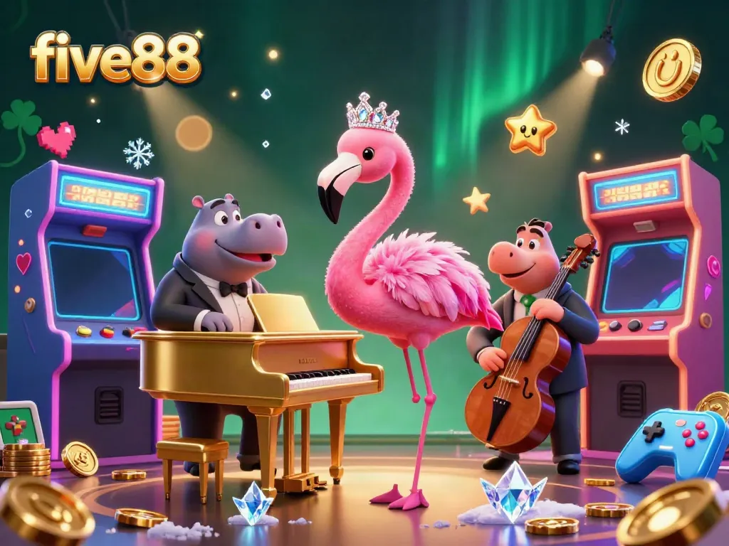 Engage in thrilling gaming with five88's vibrant casino atmosphere featuring lively characters and neon elements.