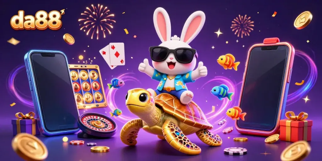 da88 rewards players with a lucky rabbit riding a golden turtle in a vibrant casino scene.