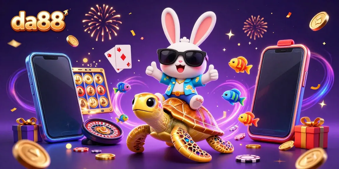 da88 rewards players with a lucky rabbit riding a golden turtle in a vibrant casino scene.