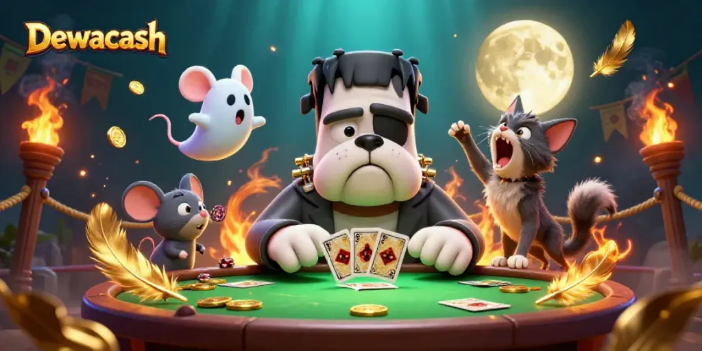 Dewacash showcases thrilling gaming with a cartoon bulldog dealer and mystical characters amidst cards and golden motifs.