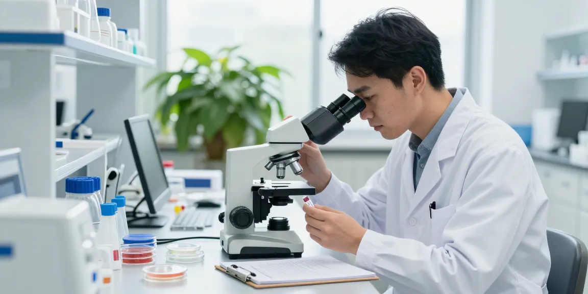 Scientist analyzing VIP peptide in a bright laboratory setting, emphasizing research and wellness.