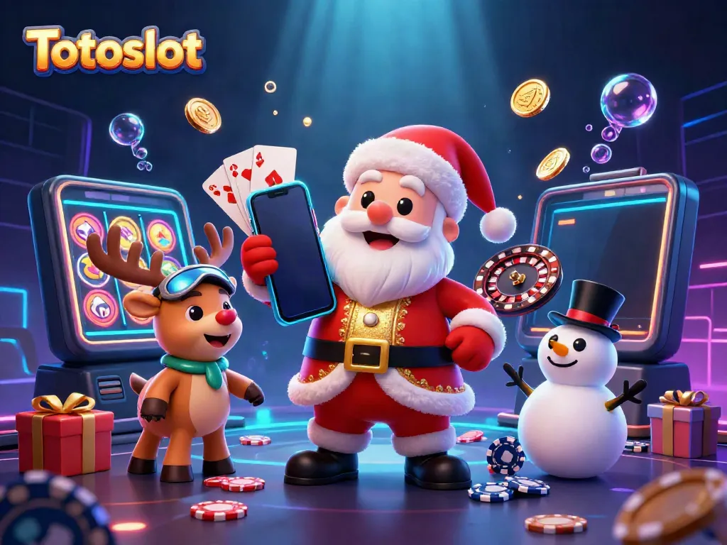 Permainan Totoslot yang menakjubkan bersama Santa Claus, rusa, dan manusia salju di kasino digital.