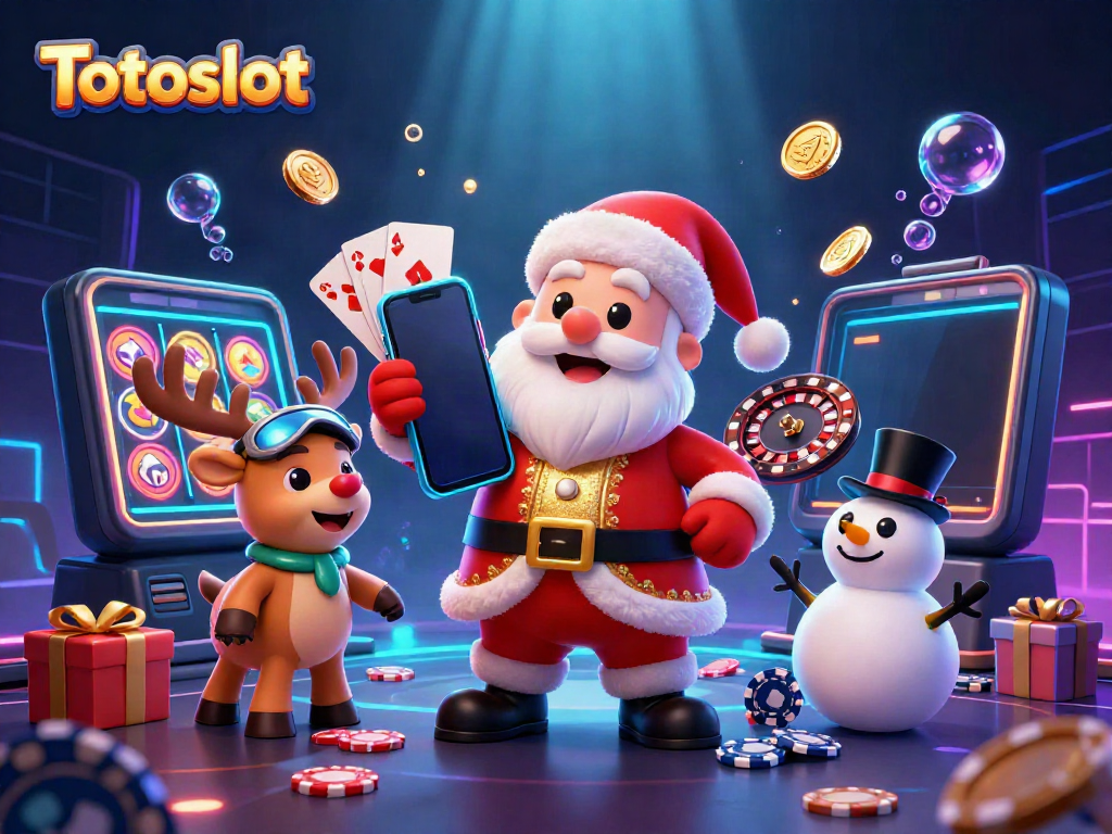 Permainan Totoslot yang menakjubkan bersama Santa Claus, rusa, dan manusia salju di kasino digital.
