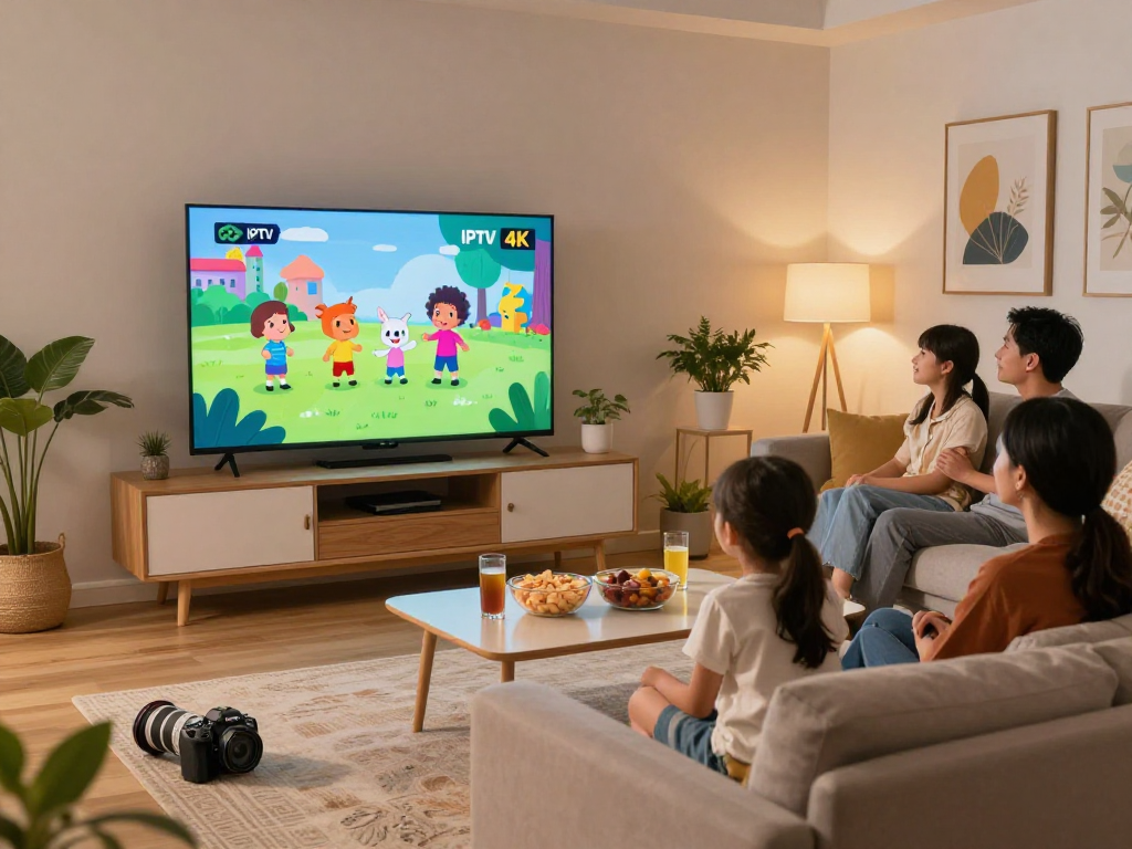 Gezin geniet van IPTV 4K-content in een moderne woonkamer met comfortabele meubels.